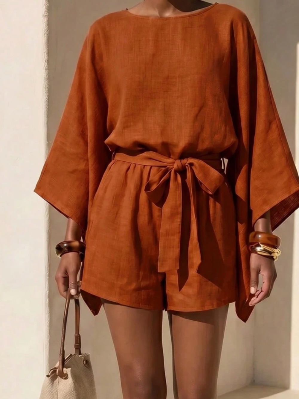 Classic Rust Brown Solid Round neck Batwing Sleeve Belted Romper
